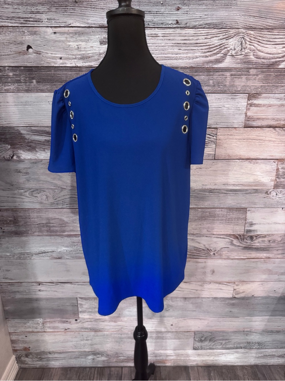 89th & Madison Royal Blue Short Sleeve Top with Silver Bling Grommets